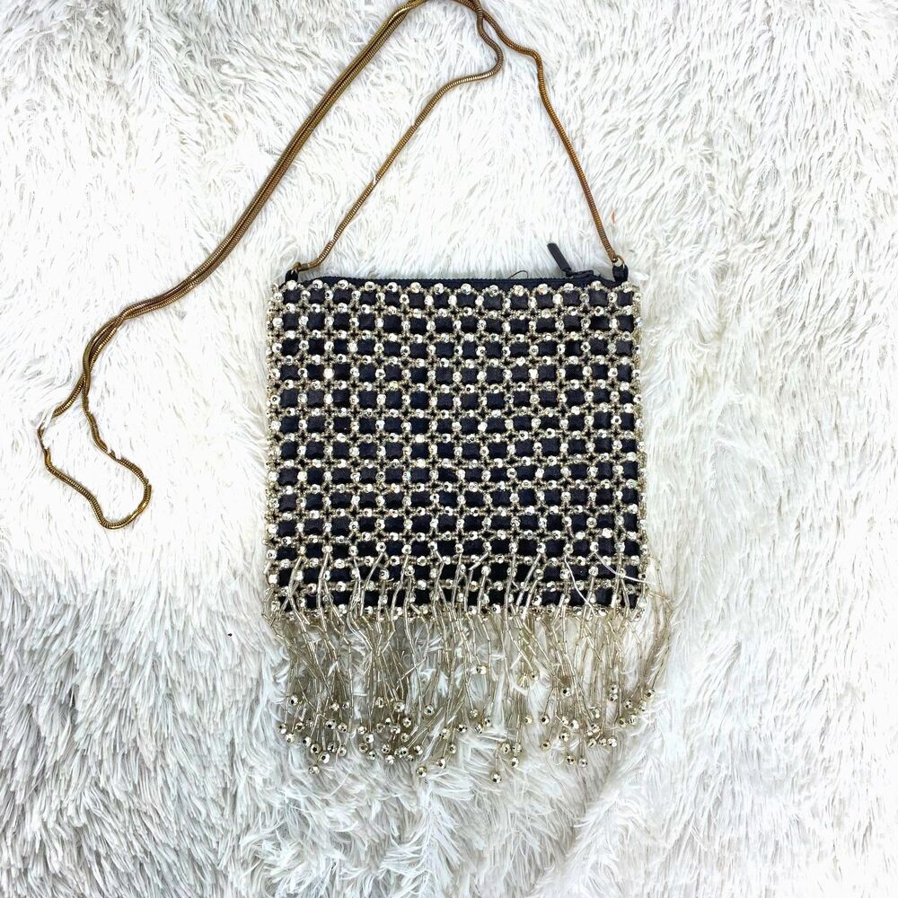 Nordstrom Black Silver Beaded Holiday NYE Art Deco Style Crossbody Bag